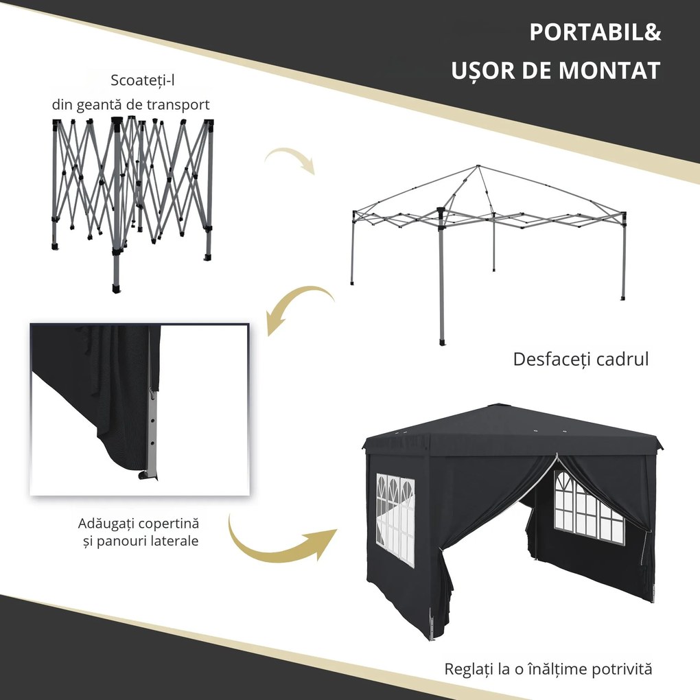 Outsunny Cort cu Copertina Pliabila de 3x3m, Adapost pentru Soare, Reglabil in Inaltime, Geanta de Transport si Saci de Nisip pentru Exterior, Gri