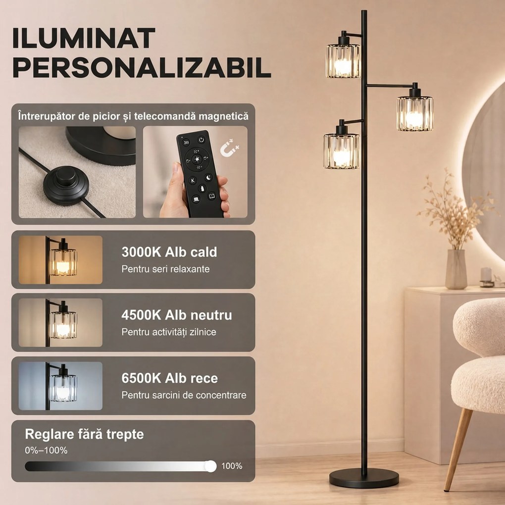 HOMCOM Lampă de Podea 40W, 3 Becuri LED E27, Telecomandă Magnetică, Dimabilă, 3 Temperaturii de Culoare, Negru | Aosom Romania