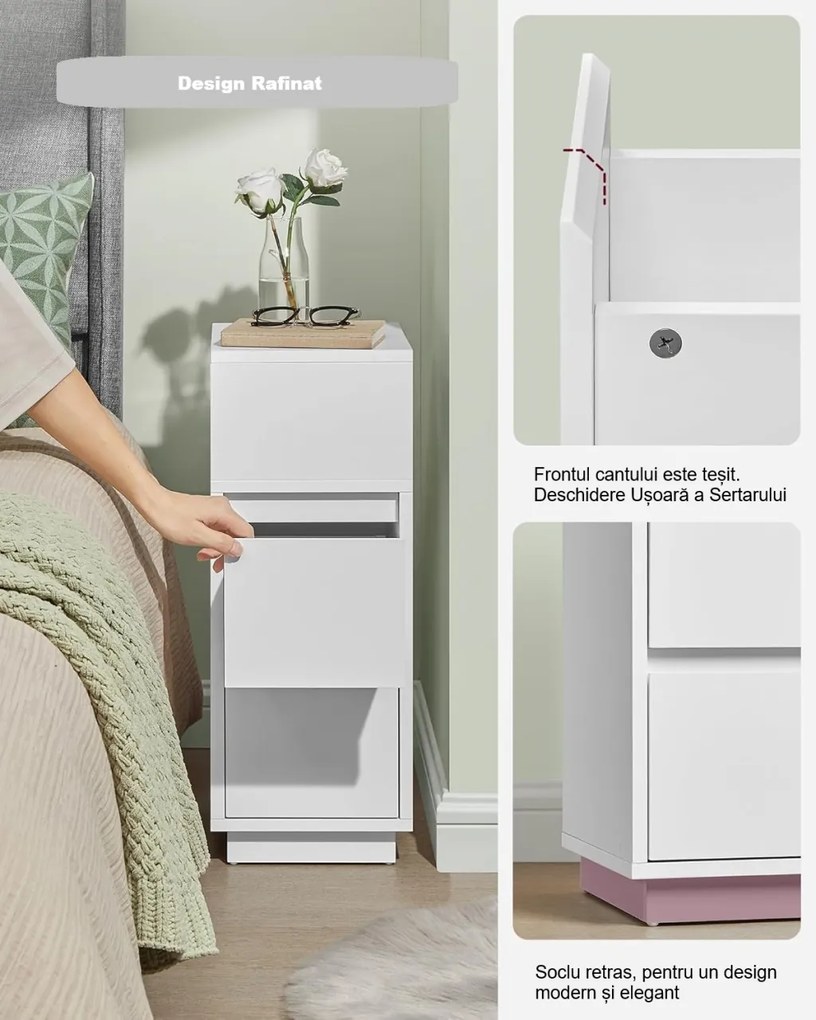 NOA77 - Set 2 Noptiere, 25 cm, foarte inguste, cu 2 sertare si spatiu deschis - Alb / Sonoma / Negru