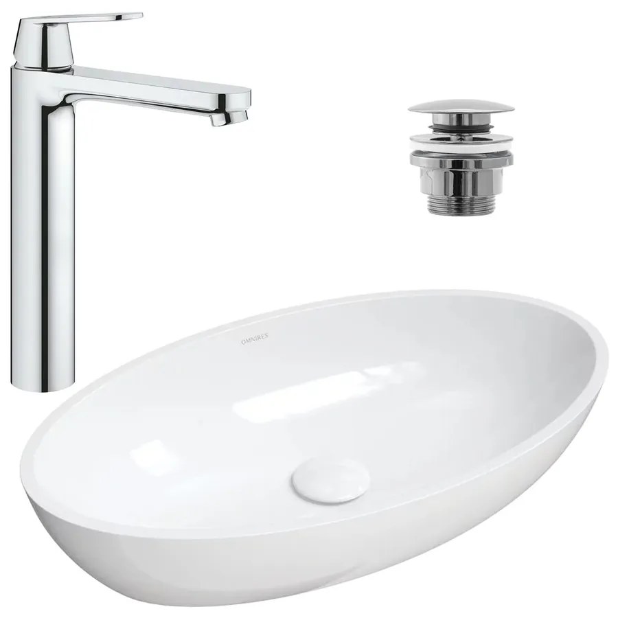 Pachet lavoar pe blat Omnires Siena M+ alb 60 cm, baterie lavoar Grohe Eurosmart Cosmopolitan XL crom si ventil lavoar Click-Clack crom