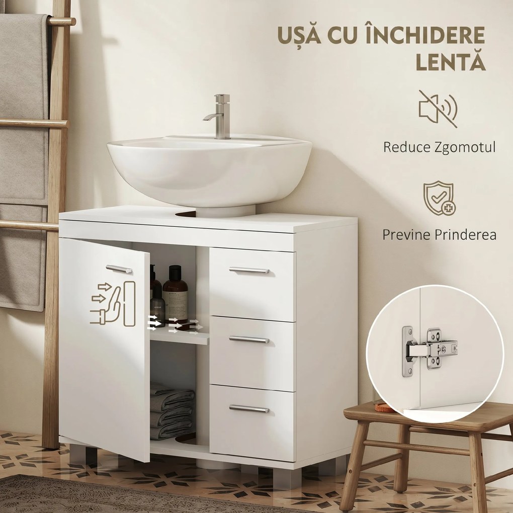 HOMCOM Dulap Sub Lavoar pentru Baie cu Ușă Amortizată și 3 Sertare, Decupaj în Formă de U și Rafturi, Dulap Modern și Compact pentru Lavoare cu Piedestal sau Fără, Alb | Aosom Romania