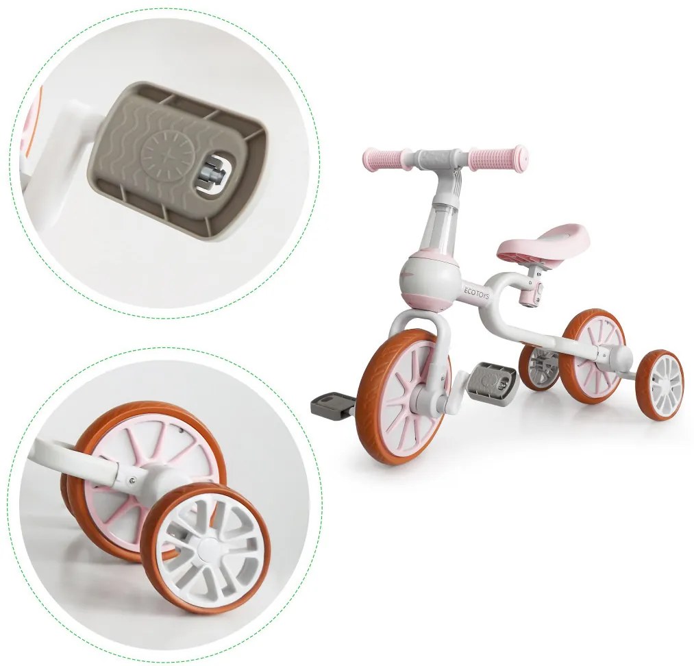 Bicicletă de jogging 4 în 1 cu pedale detașabile și roți laterale roz