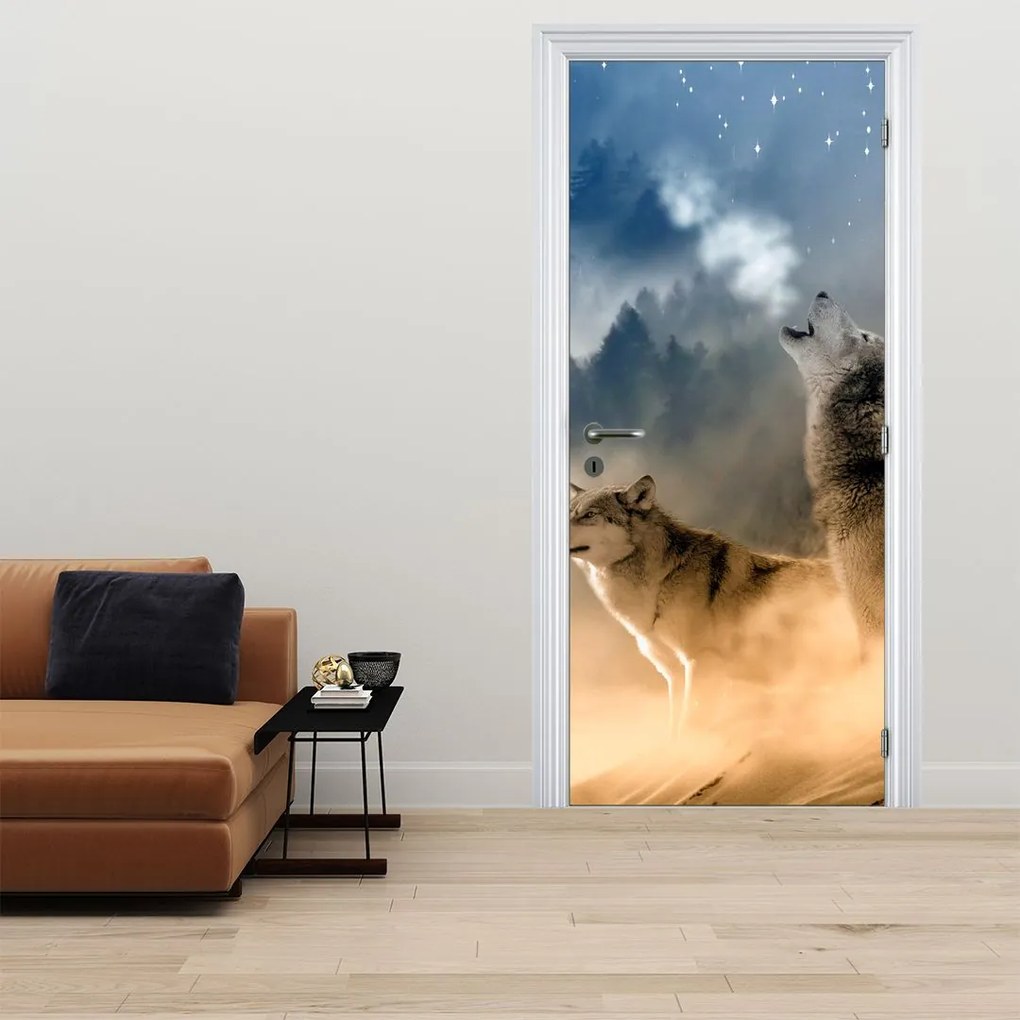 Fototapet pentru ușă - Lupii urlând la lună (95x205cm)