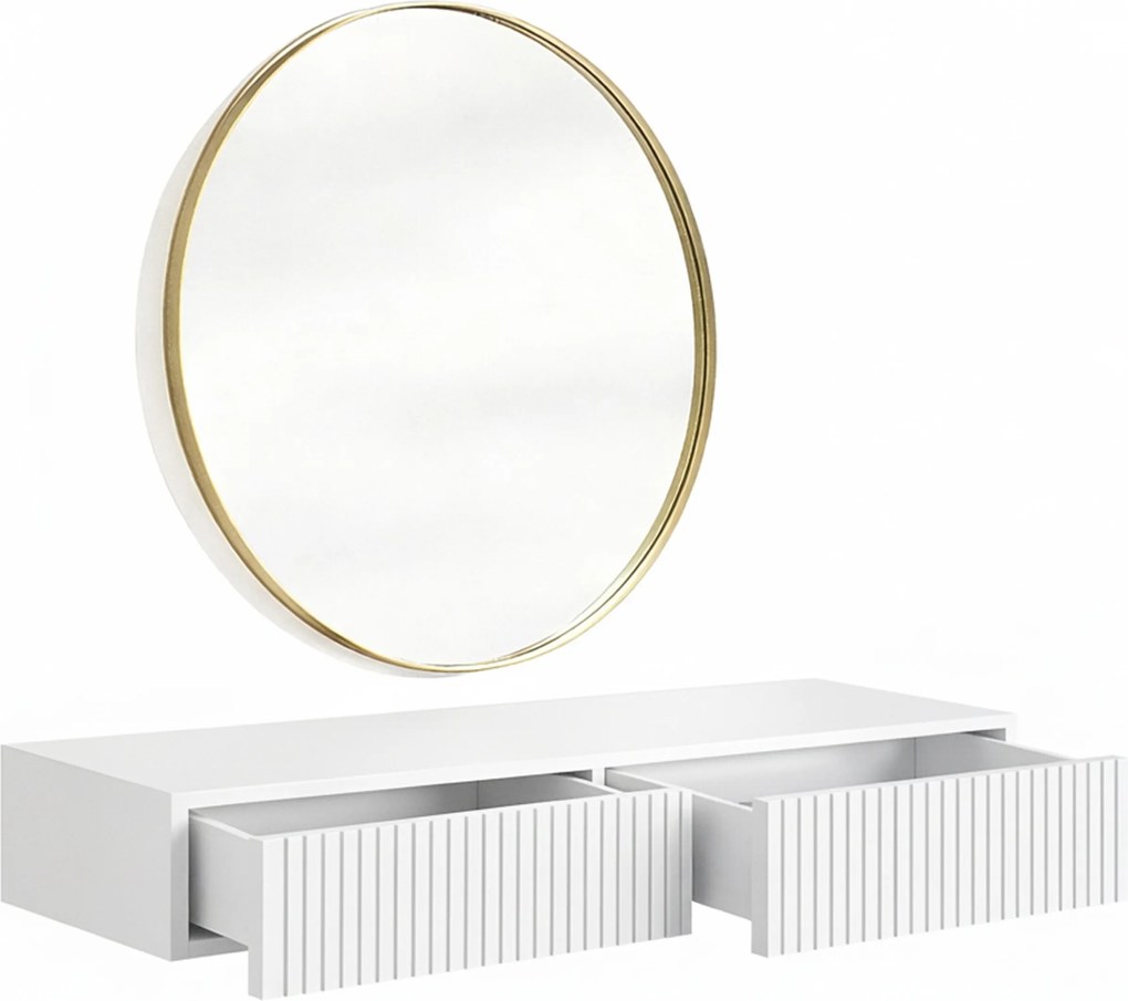 Masa de toaletă suspendată cu oglindă aurie Nicole 80 cm - alb mat