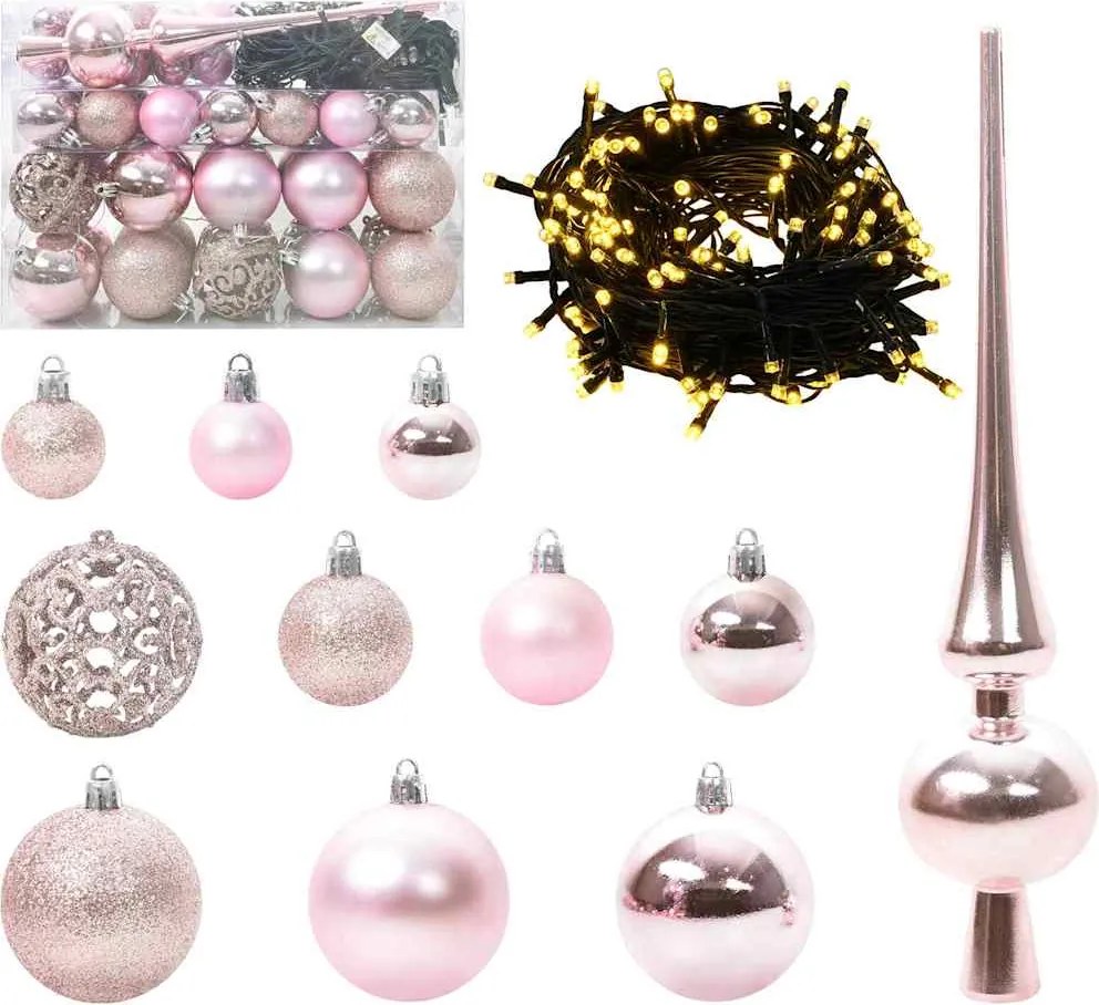 vidaXL Set de Globuri de Crăciun cu 150 LED 61 pcs Roz Plastic