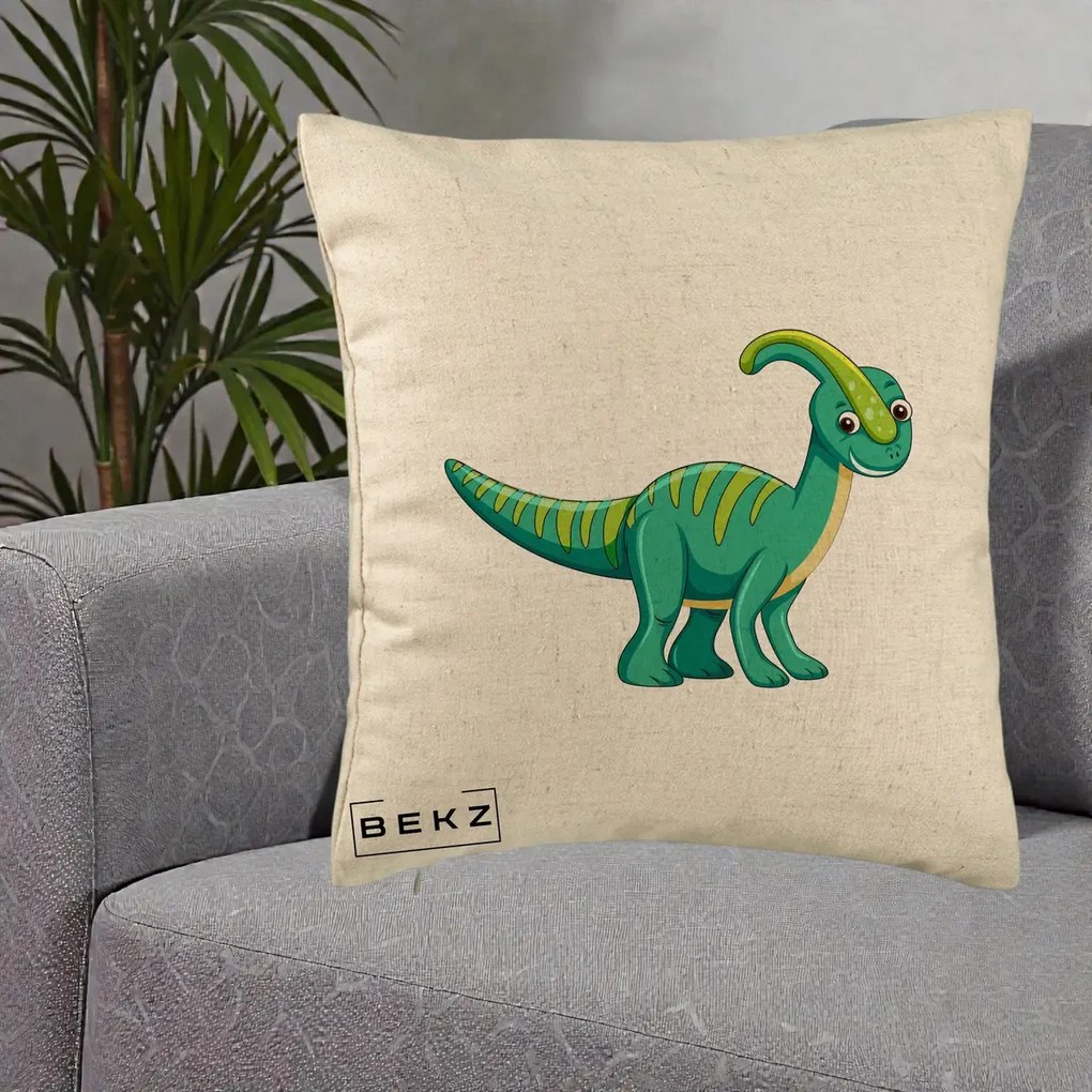 Perna Decorativa Parasaur Verde, 40x40 cm, Bej, Husa Detasabila, Perna Inclusa, BEKZ®