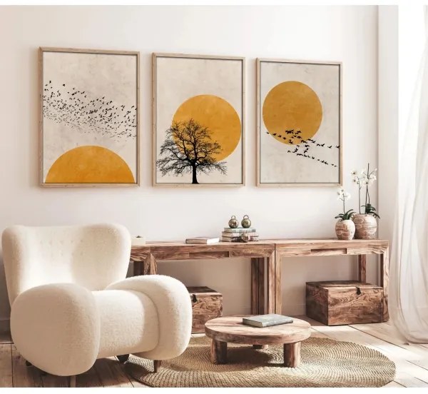 Set de 3 tablouri cu ramă foto 50 x 70 cm, bej/portocaliu