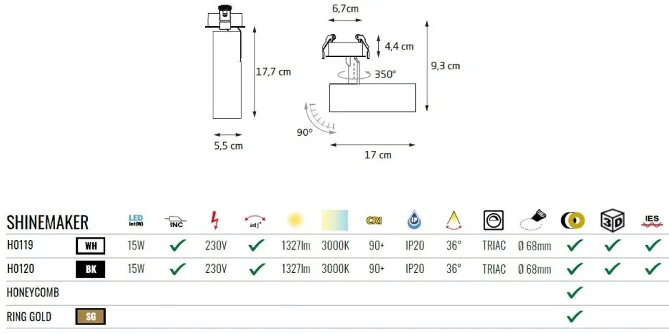 Spot LED directionabil incastrabil tavan fals SHINEMAKER alb