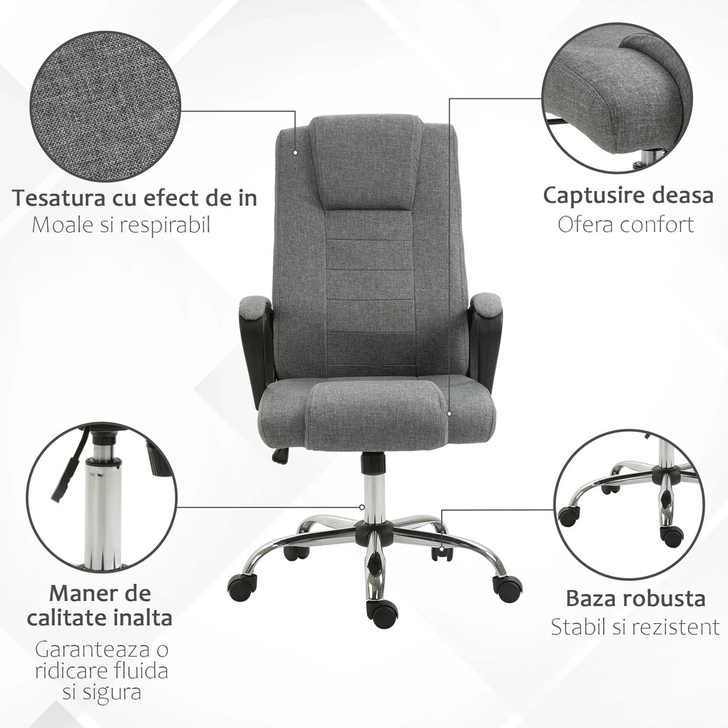 Vinsetto Scaun Birou Ergonomic cu Basculare, Înălțime și Înclinare Reglabilă, Capacitate 120 kg, 62x76x110-119 cm, Gri | Aosom Romania