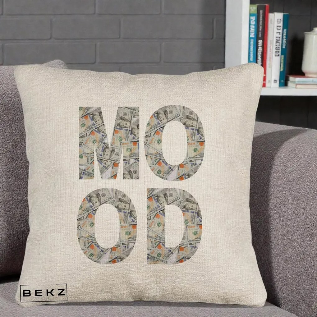Perna Decorativa MOOD Money Grafic Urban, 40x40 cm, Bej Canapea, Husa Detasabila, Perna Inclusa, BEKZ®