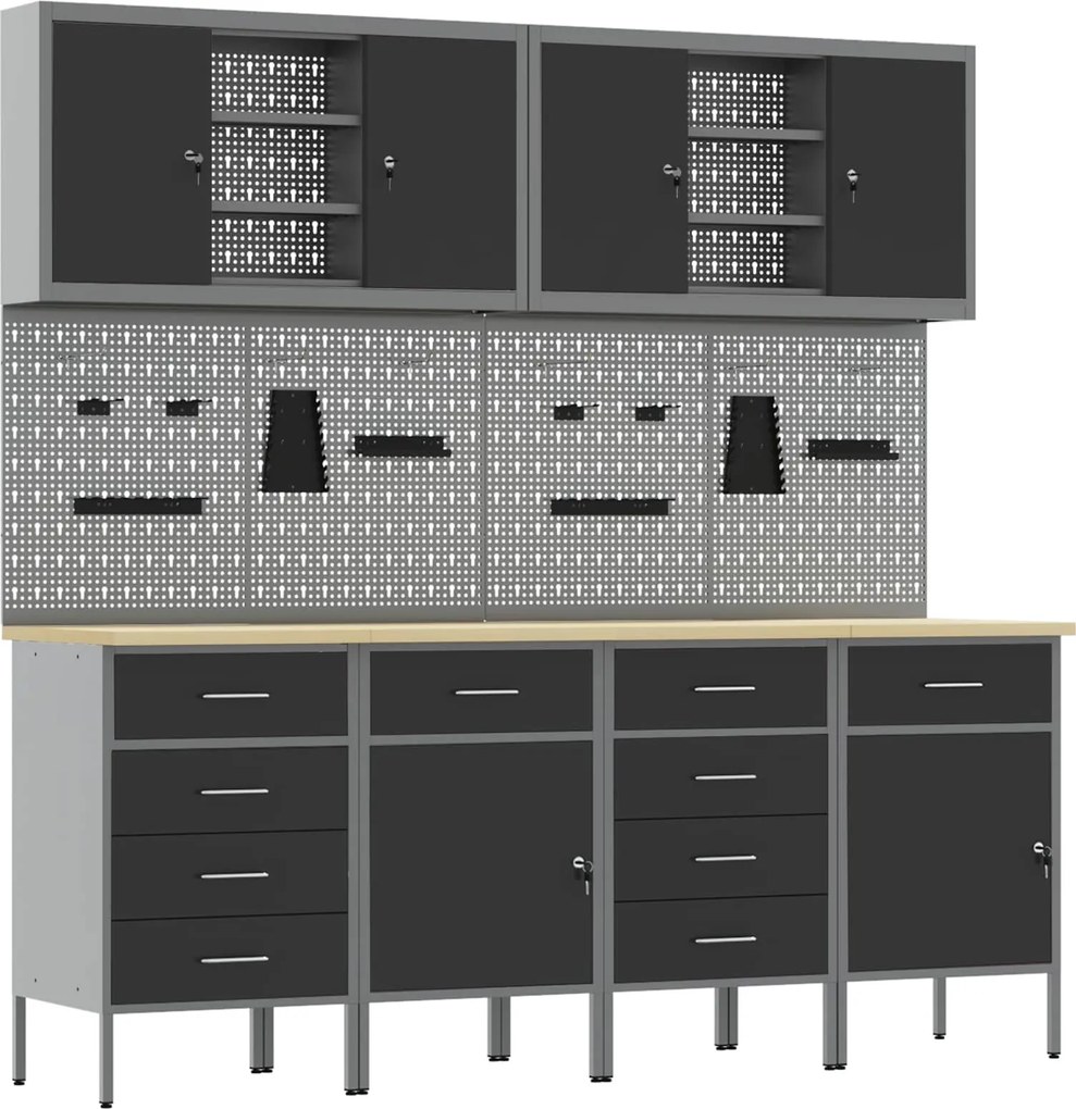 vidaXL Dulap de lucru cu sertar 10 pcs Negru Lemn ingineresc și oțel