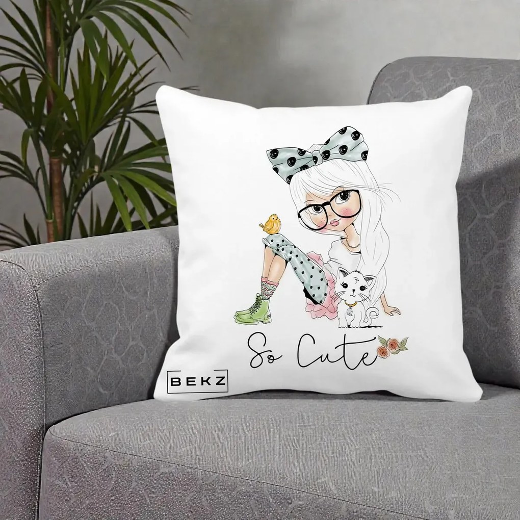 Perna Decorativa So Cute Fata Fashion, 40x40 cm, Alba Mata, Husa Detasabila, Perna Inclusa, BEKZ®