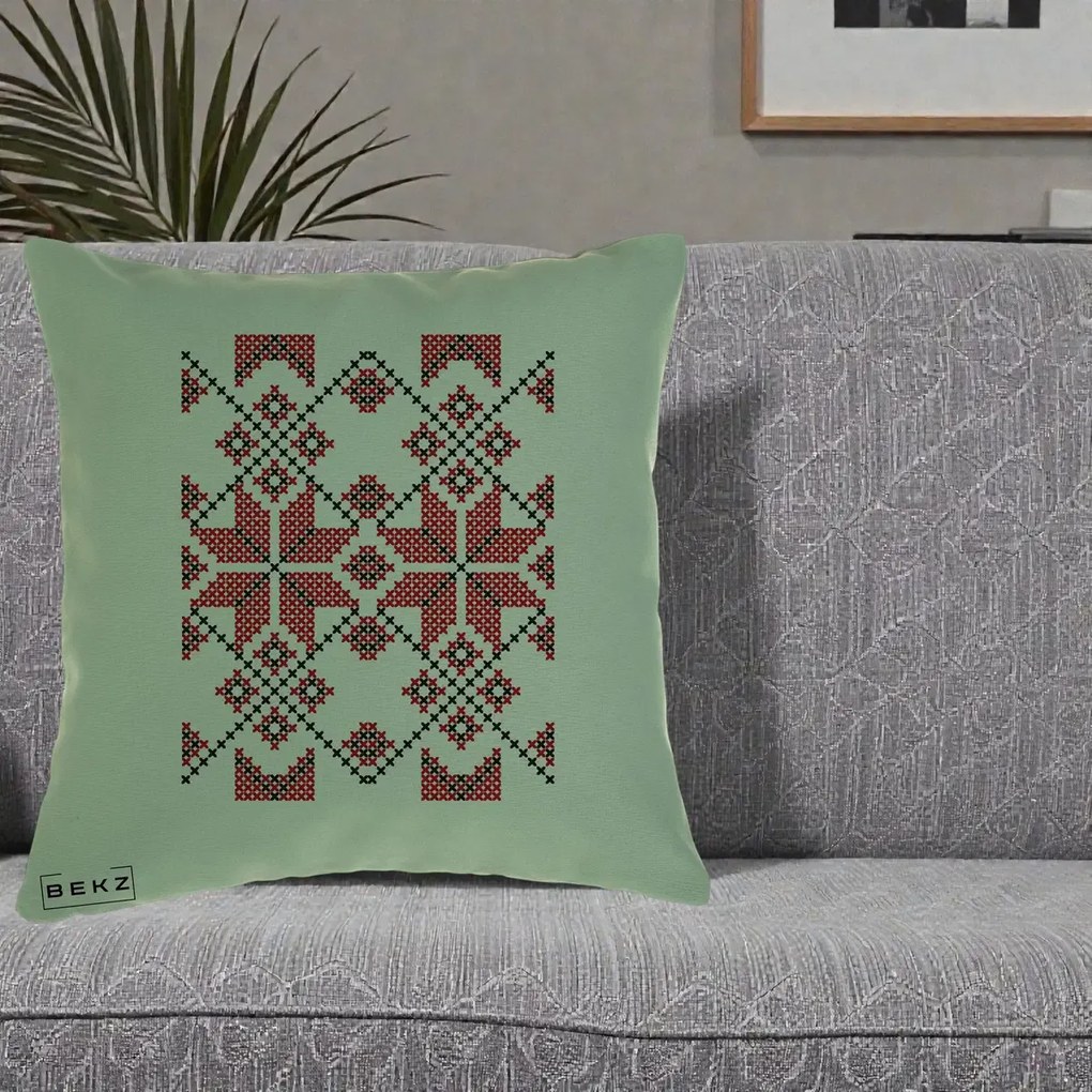 Perna Personalizata Motiv Traditional Cusatura Rosu-Negru, 40x40 cm, Verde, Husa Detasabila, Perna Inclusa, BEKZ®