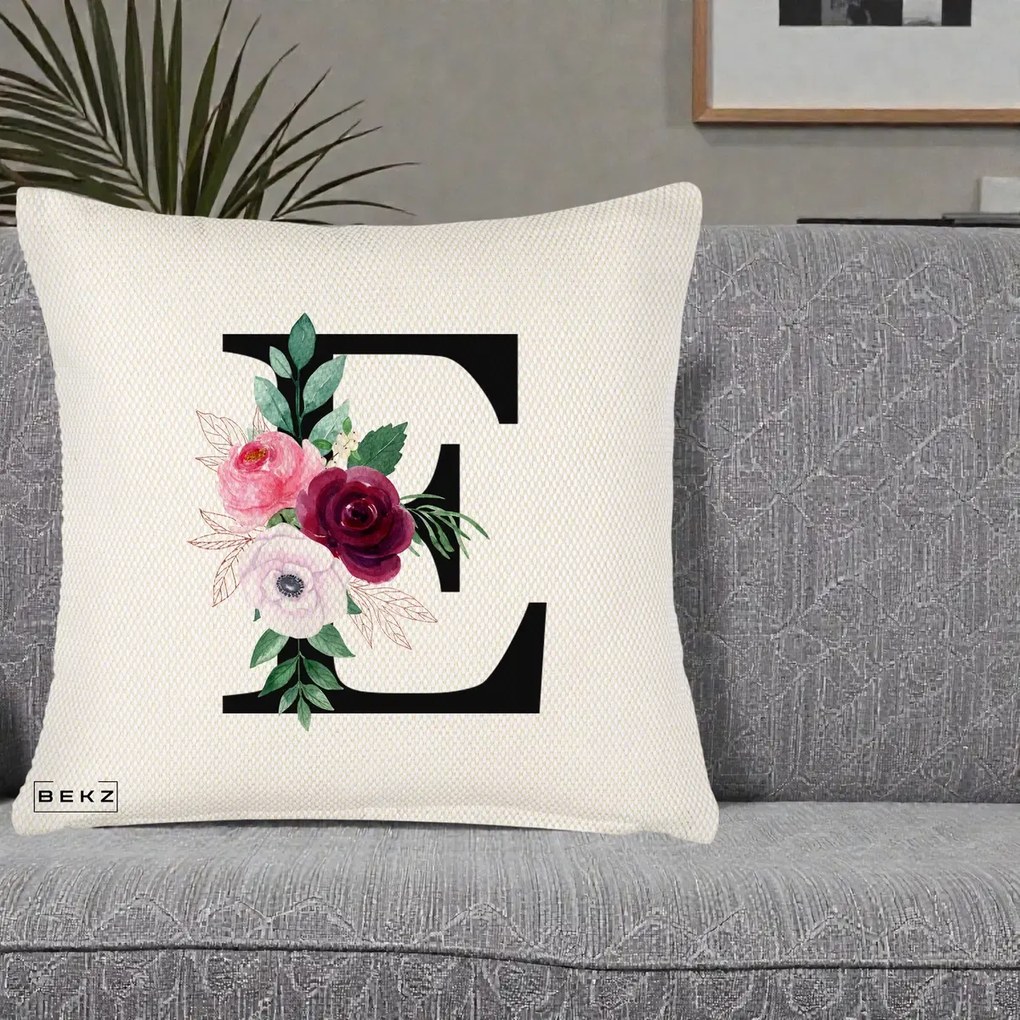 Cadou Personalizat - Perna Personalizata Monograma Florala Litera E, 40x40 cm, Crem Reliefat, Husa Detasabila, Perna Inclusa, BEKZ®