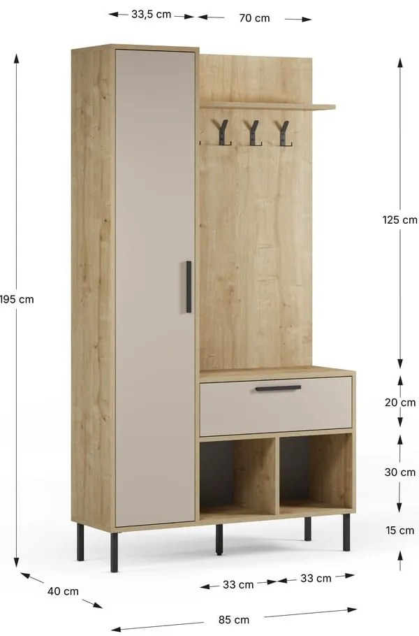 Set pentru hol crem/în culoare naturală cu aspect de lemn de stejar 108x195x35 cm Heidy – Marckeric