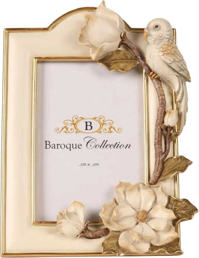Ramă foto din polirășină, crem și auriu, cu ramură cu flori de magnolie și pasăre sculptată, 22,2 x 16,5 x 4 cm, „Cartouche”