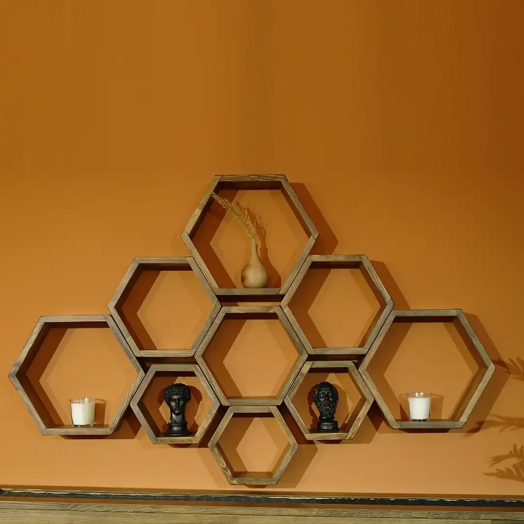 Set 9 rafturi perete Hexa Homs,Seia A620,lemn natur,30325
