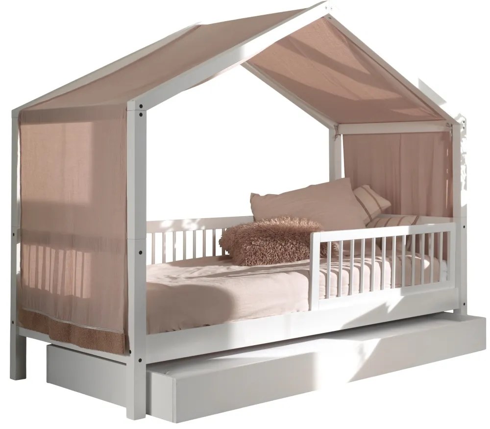 Set Complet: Pat Căsuță Forrest Beech pentru Camera Copii, 90x200 cm, cu Sertar Pat, Barieră de Siguranță Suplimentară și Set Textil, din Lemn Masiv
