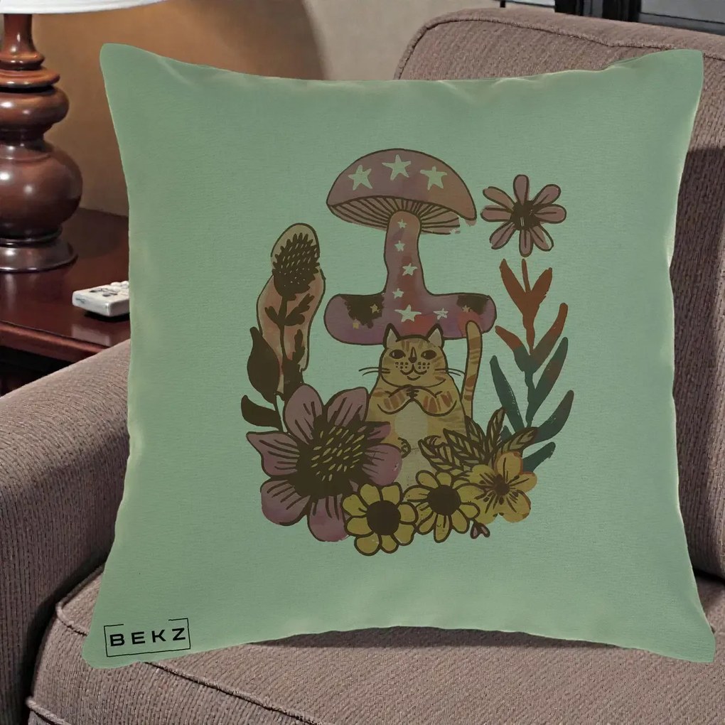 Perna Decorativa Ciuperca Pisica Boho, 40x40 cm, Verde, Husa Detasabila, Perna Inclusa, BEKZ®