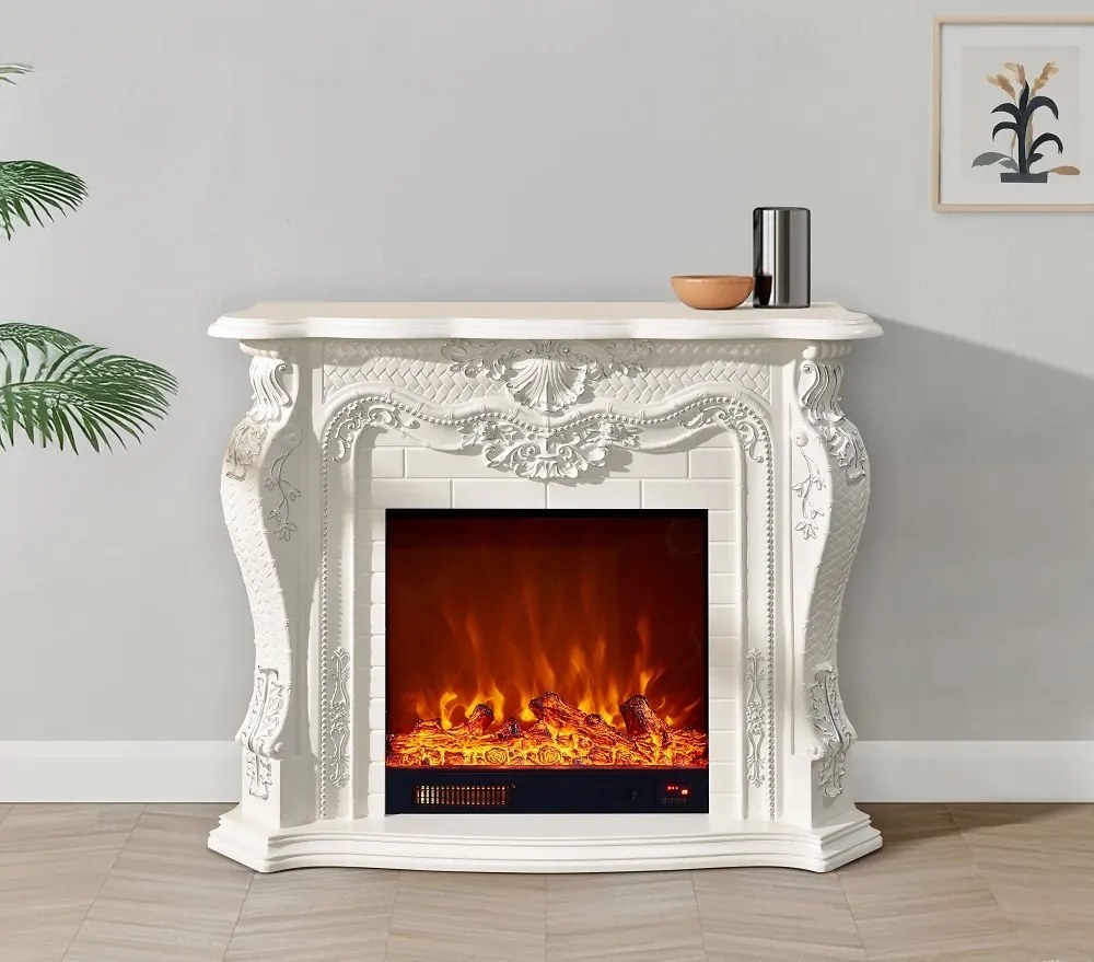 Șemineu electric cu efect LED realist cu 12 culori, Comodă TV, design elegant, control vocal și telecomandă, fără încălzire, 120 cm, Alb