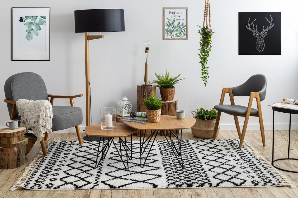 Covor PROMO Berber Safi N9040 albsi negru Franjuri shaggy pletos