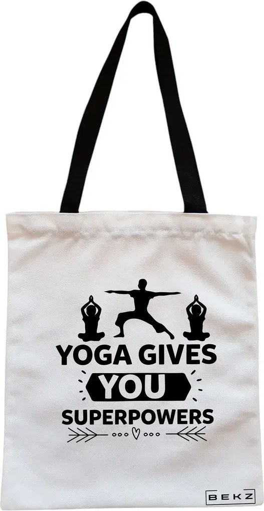 Sacosa de Panza pentru Cumparaturi, Geanta Tote, Yoga gives you super powers, Cu fermoar, 38x34.5 cm, Alba, BEKZ®