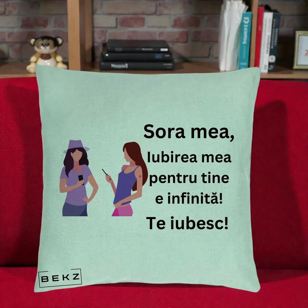 Cadou pentru Sora - Perna Personalizata Sora Mea Te Iubesc Doua Fete cu Telefoane, 40x40 cm, Verde Menta, Husa Detasabila, Perna Inclusa, BEKZ®