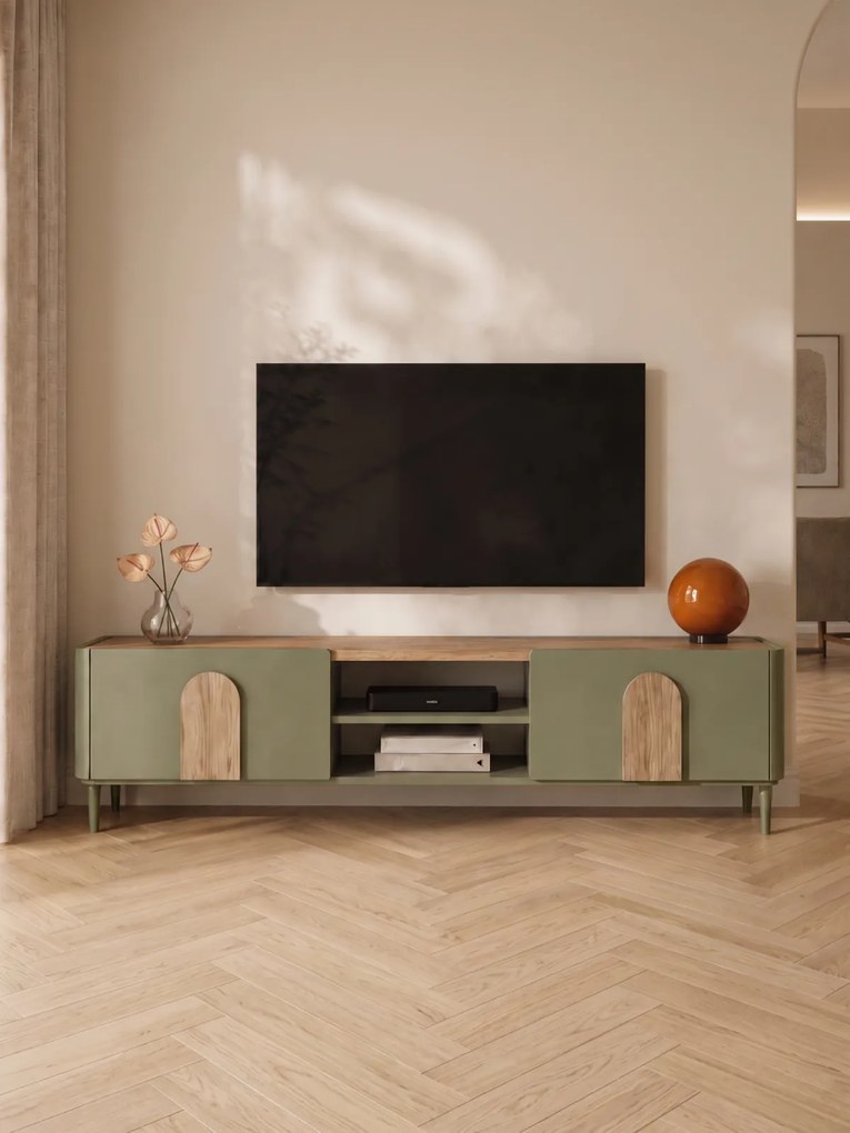 Comodă TV Amilio 220 cm cu sertar - eucalipt / stejar baltic dune / mânere stejar natural