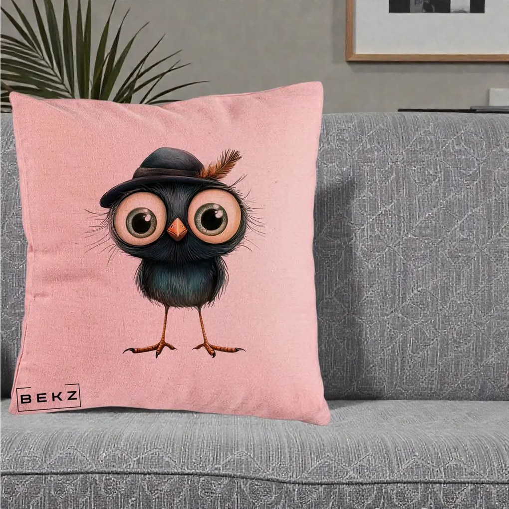 Perna Decorativa Pui Misterios cu Palarie Neagra, 40x40 cm, Roz, Husa Detasabila, Perna Inclusa, BEKZ®
