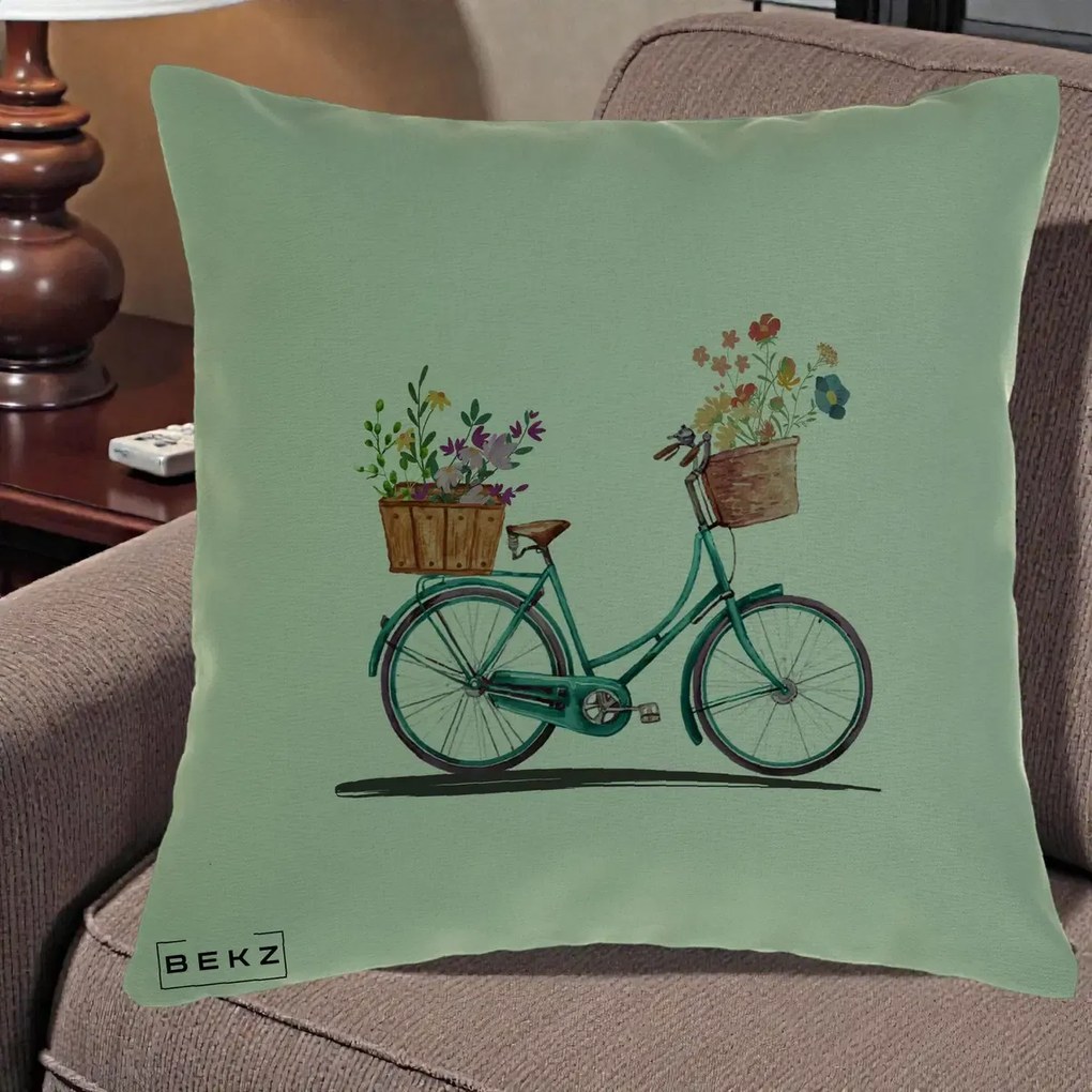 Perna Decorativa Bicicleta Florala Turcoaz Acuarela, 40x40 cm, Verde, Husa Detasabila, Perna Inclusa, BEKZ®