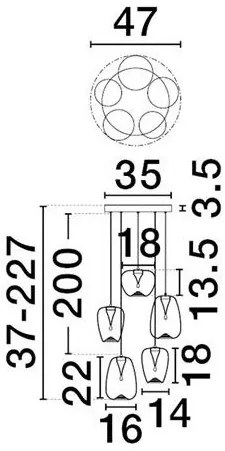 Lustra moderna cu 5 pendule LED, Metal, Sticla, Chihlimbar, OBLO