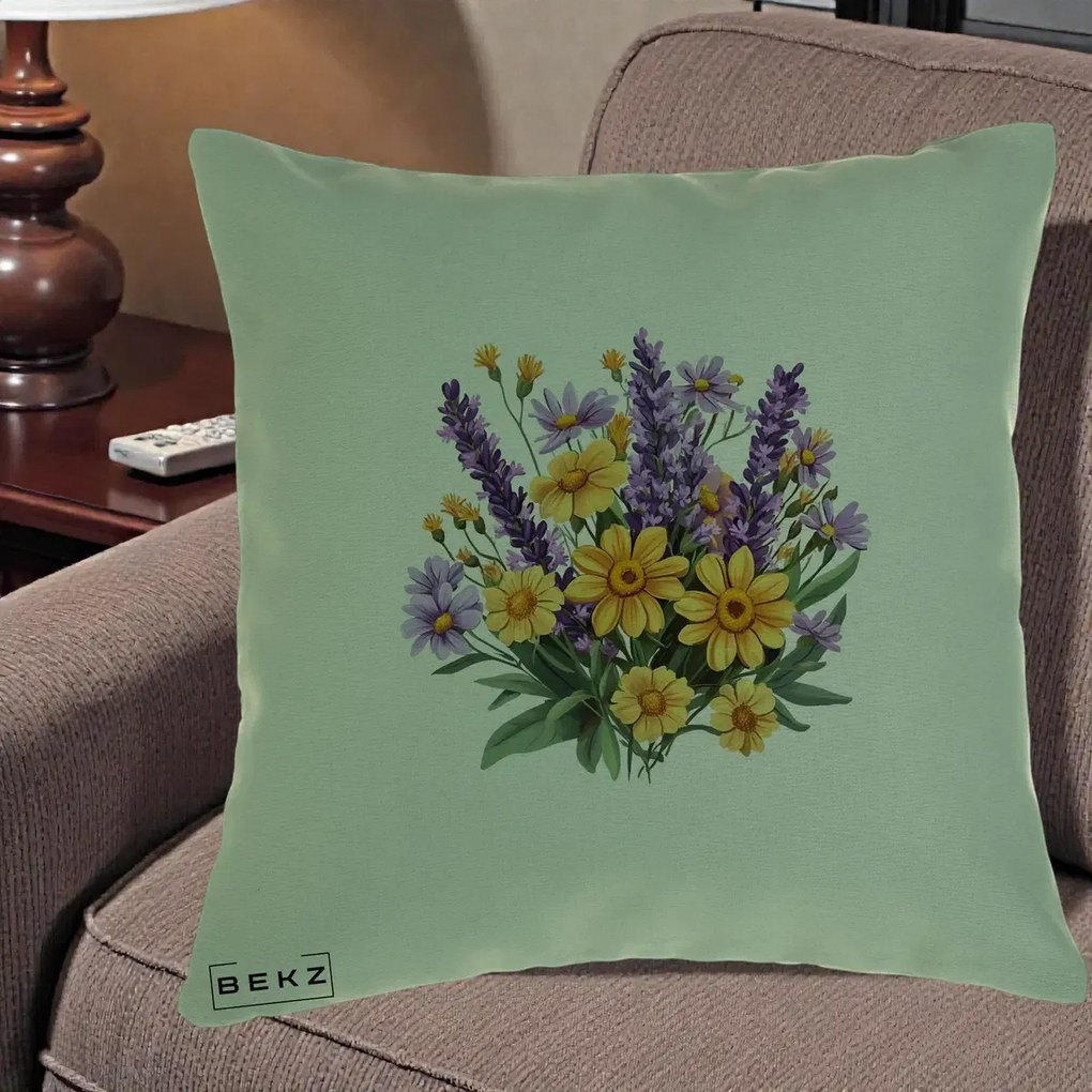 Perna Decorativa Lavanda cu Margarete Galbene si Lila, 40x40 cm, Verde, Husa Detasabila, Perna Inclusa, BEKZ®