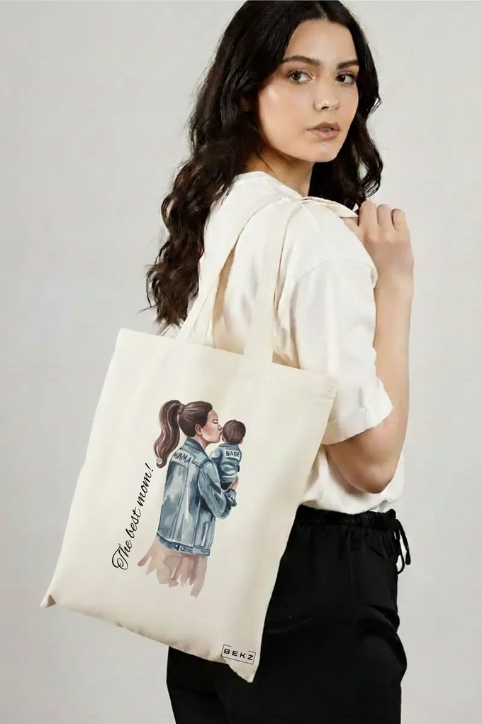 Sacosa de Panza pentru Cumparaturi, Geanta Tote, model The best mom, 38x34.5 cm, Alba, BEKZ®
