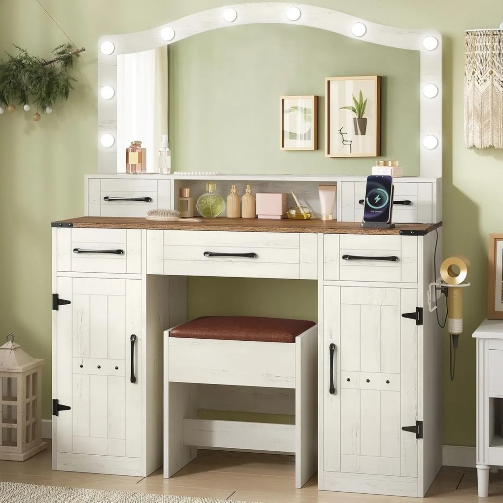 SEA818 - Set Masa toaleta 108 cm, cosmetica machiaj, oglinda cu LED, masuta vanity cu Priza, USB si Suport Uscator par, scaunel tapitat - Alb