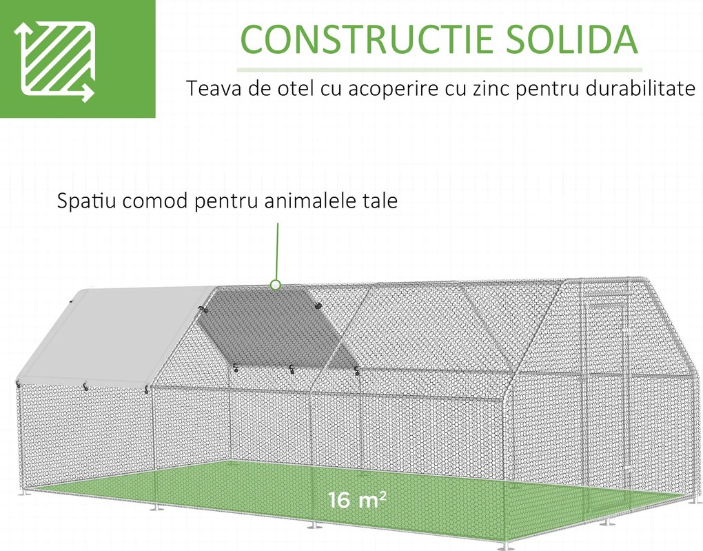 PawHut Țarc Găini Metal Ușă Acoperiș Parțial Spațiu Generos 280x570x195cm Argintiu | Aosom Romania