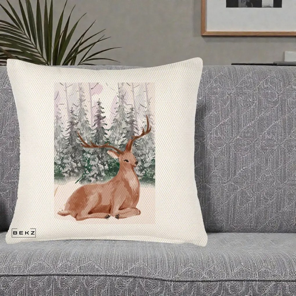 Perna Decorativa Ren in Padure Roz Moale, 40x40 cm, Crem Reliefat, Husa Detasabila, Perna Inclusa, BEKZ®