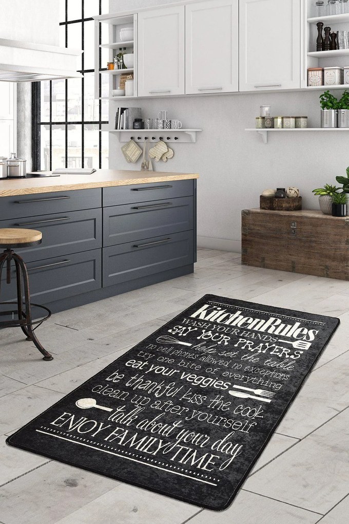 Covor pentru bucatarie Kitchen Motto Negru - 80x150 cm