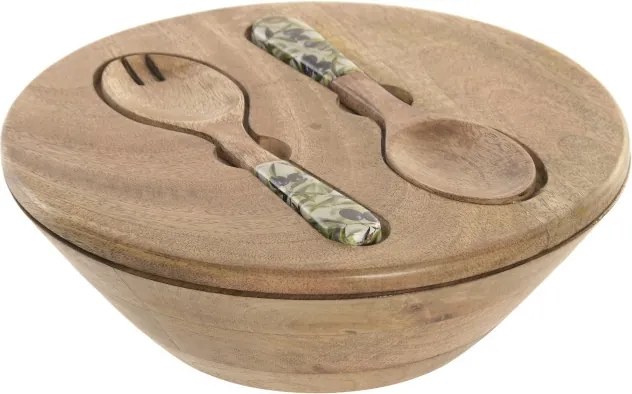 Set 3 boluri salată Mediterranean verde cu accente naturale din lemn de mango cu structură din rășină – "Olivia"