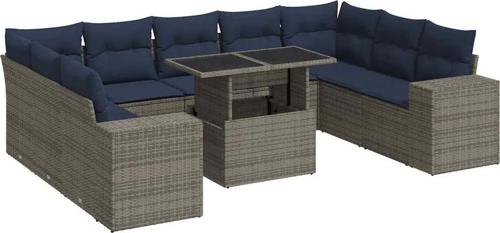 vidaXL Set mobilier de grădină cu perne, 10 piese, gri, poliratan