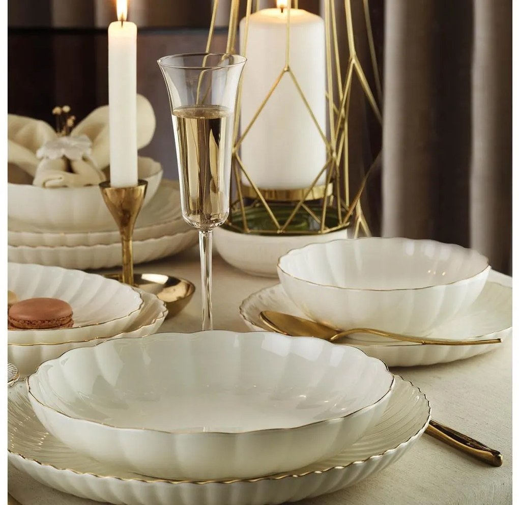 Set de masă 24 piese, porțelan, alb/auriu