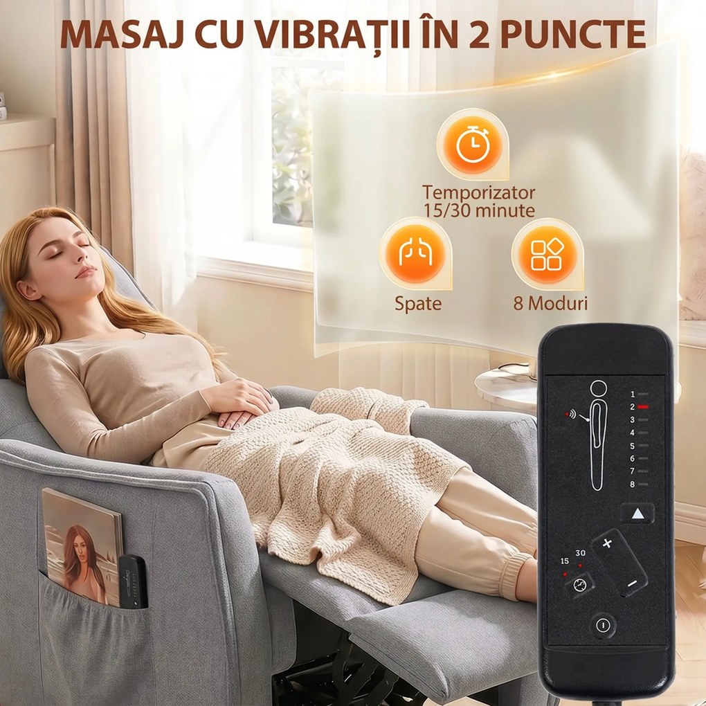 HOMCOM Fotoliu Masaj Reclinabil Manual 160° Chenille cu Suport pentru Picioare, Telecomandă și Buzunare, Gri Deschis | Aosom Romania