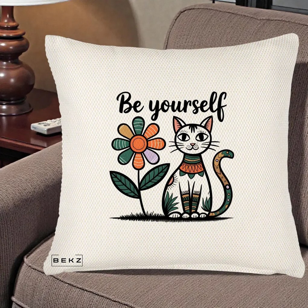 Perna Personalizata Be Yourself Pisica Folk, 40x40 cm, Crem Reliefat, Husa Detasabila, Perna Inclusa, BEKZ®