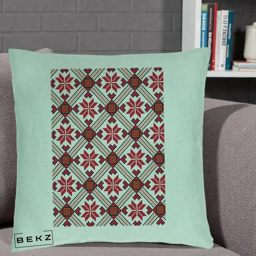 Perna Personalizata Motiv Traditional Ie Romaneasca Rosu, 40x40 cm, Verde Menta, Husa Detasabila, Perna Inclusa, BEKZ®