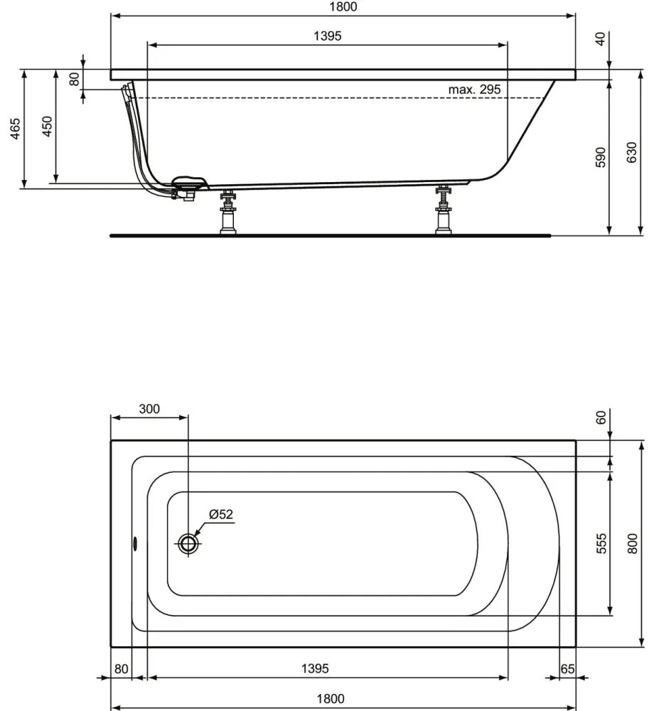 Cada baie incastrata Ideal Standard Hotline, dreptunghiulara, 180x80 cm 1800x800 mm