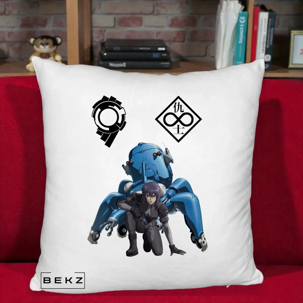 Perna Personalizata Ghost in the Shell Motoko si Tachikoma, 40x40 cm, Alb Pufos, Husa Detasabila, Perna Inclusa, BEKZ®