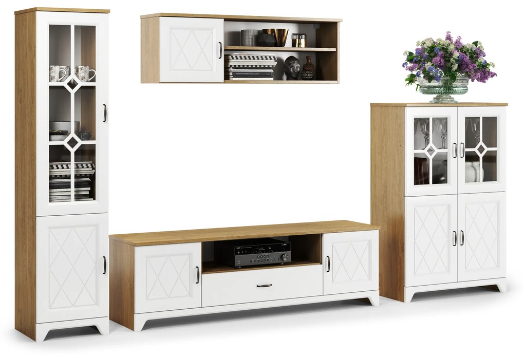 Mazzoni Mobilier dulap de perete PROVENZA Stejar Piatră/Alb Mat - COMODĂ MARE TV COMODĂ CU VITRINĂ ȘI RAFTURI PENTRU LIVING RETRO