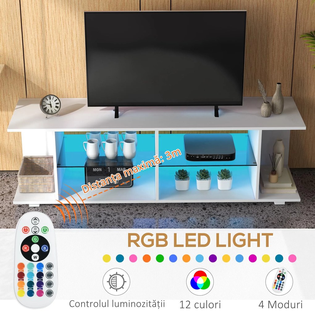 HOMCOM TV Stand, 145cm Modern TV Unit with Glass Shelves, RGB LED Light for 32 40 43 50 52 55 60 inch 4k TV, White | Aosom Romania