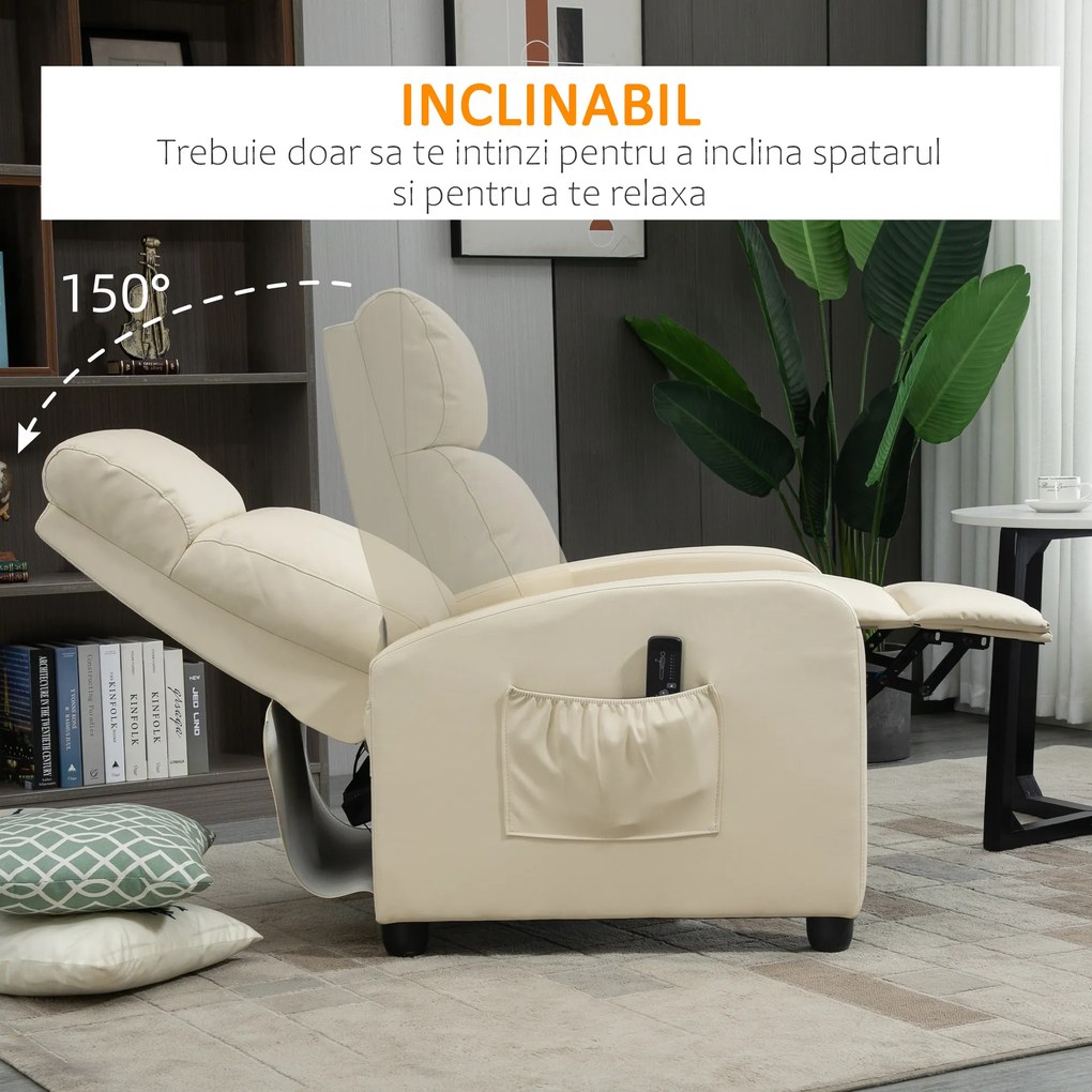 HOMCOM Fotoliu Masaj Rabatabil cu Funcție de Masaj, cu Suport pentru Picioare, Ideal pentru Relaxare, 68x88x98 cm, Crem
