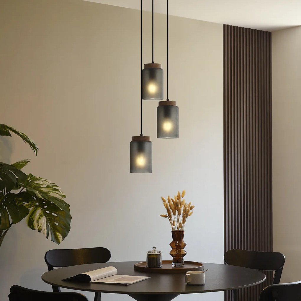 Lampă suspendată modernă neagră cu lemn și sticlă gri mat cu 3 lumini - Umbra