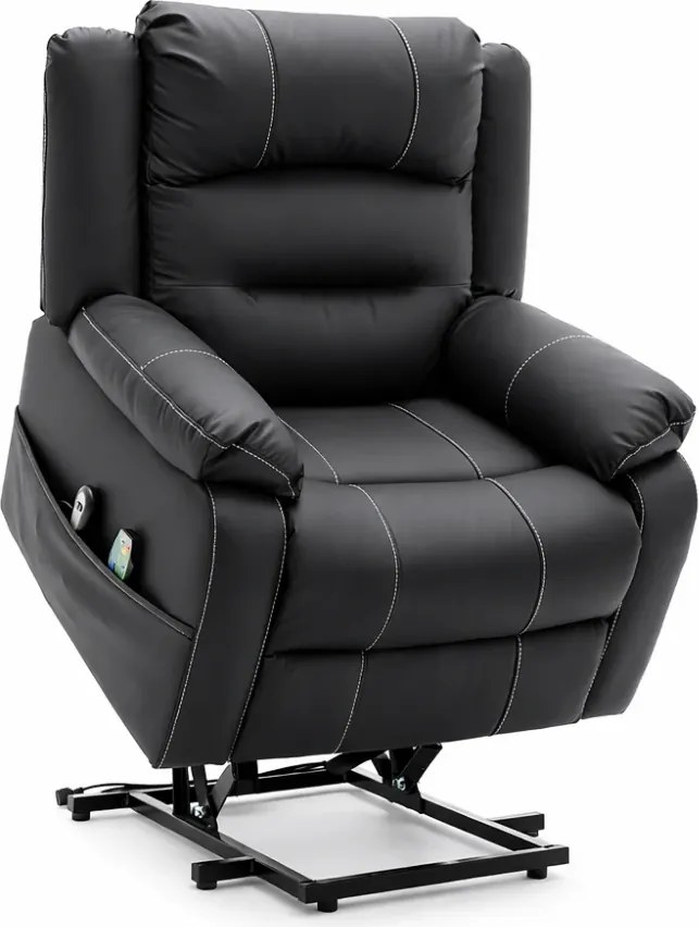 Fotoliu Electric Power Lift&Recliner, ridicare și rabatare, masaj și incalzire, buzunar lateral, telecomenzi, PU, Negru